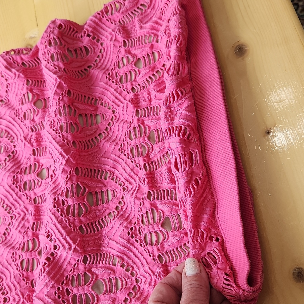 Bebe Lace Overlay Fitted Long Sleeve Dress Pink Cream M L - Picture 10 of 15